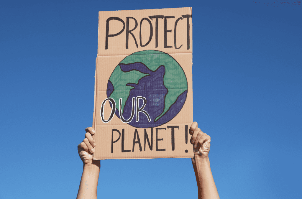Image of a cardboard sign saying protect our planet held up against a clear blue sky