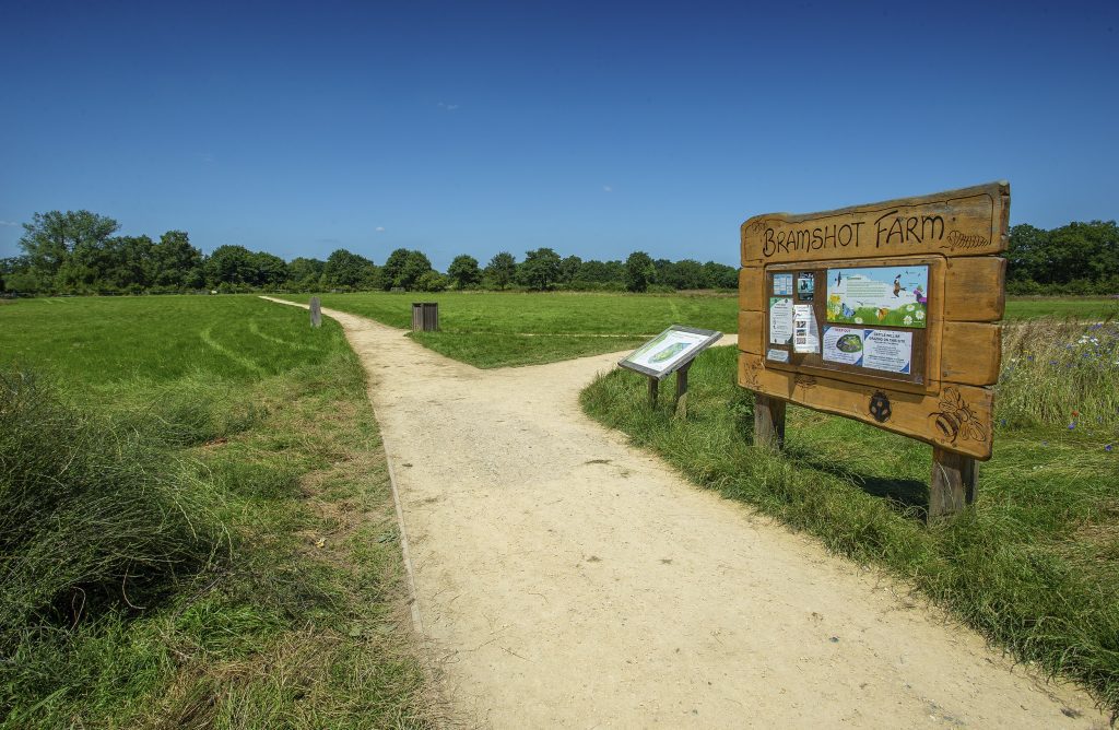 Image of noticeboard and footpaths at Bramshot Farm park taken on a sunny day