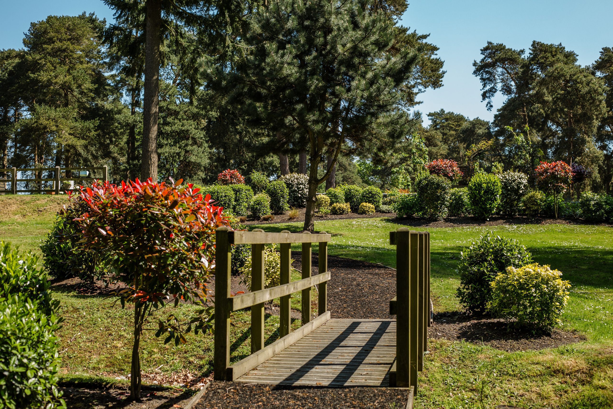 image of bridge and greenery in garden of remembrance at fleet cemetery