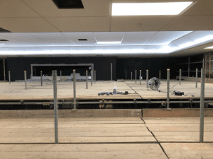 Image of scaffolding in the harlington main hall to conduct roof repairs